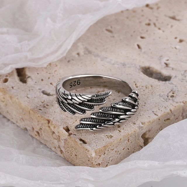 925 Sterling Silber Ring mit Flügel-Design, Vintage, Thai Silber, Mode, Hip-Hop-Stil.