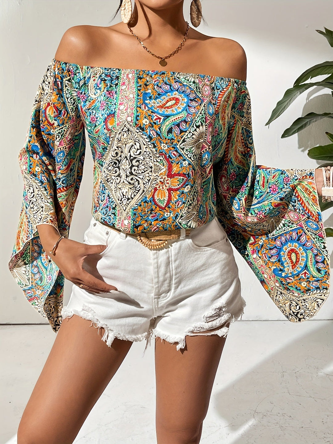 Off-Shoulder-bluse med geometrisk print – Noémie