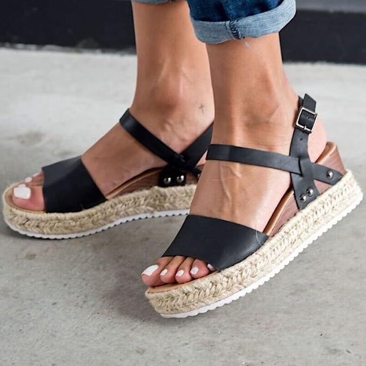 Damesandaler plateau-espadrille med kilehæl og remme – Livia