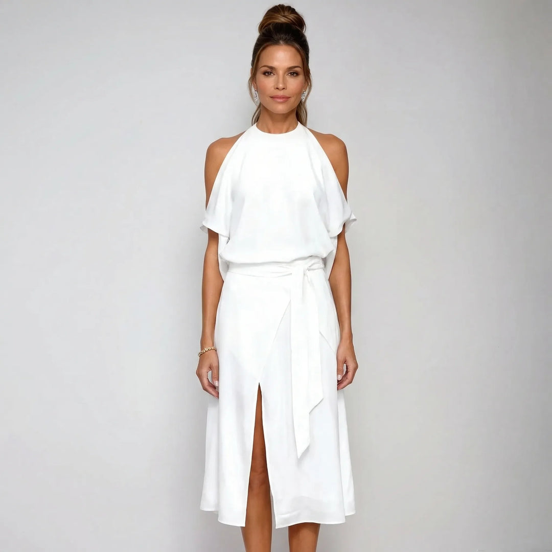Asymmetric Halterneck Midi Dress - Claudia