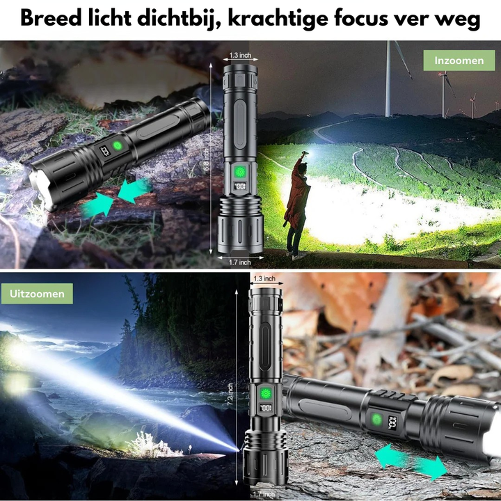 Collage der viser lommelygtens zoom: bredt lys tæt på ved indzoomning og smal, kraftig lysstråle langt væk ved udzoomning. 2