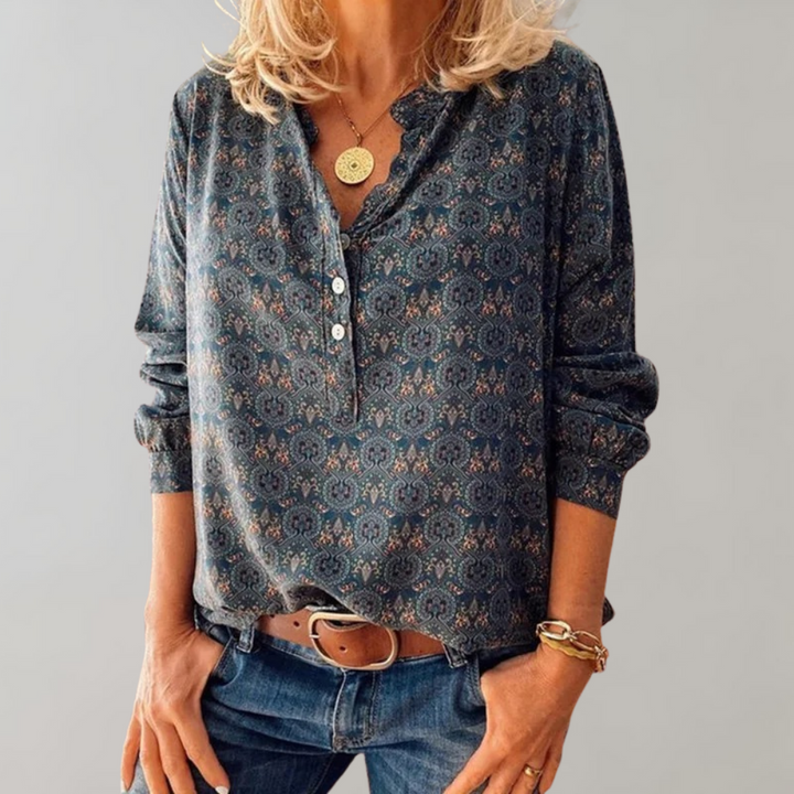 Vintage dameskjorte med knaplukning og print – Selina