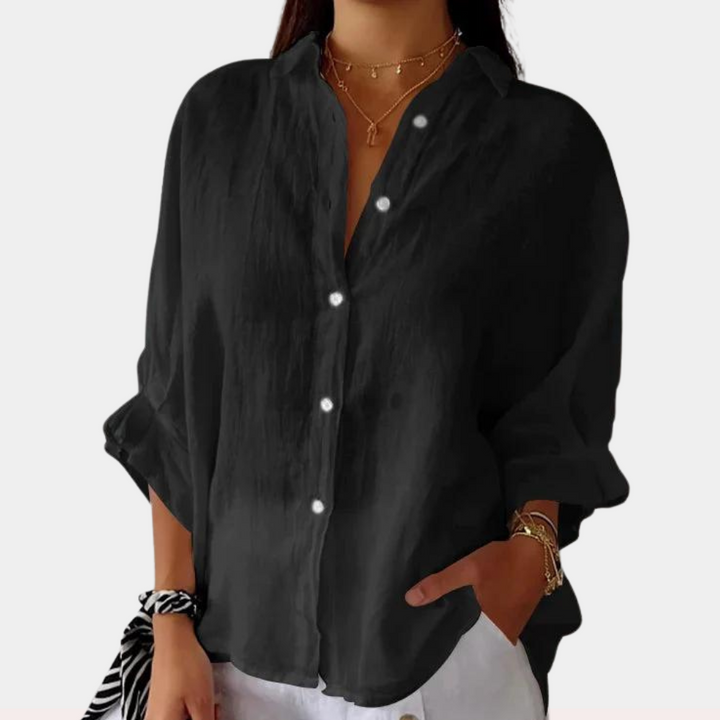 Linned damebluse med lange ærmer og knaplukning – Ysolde