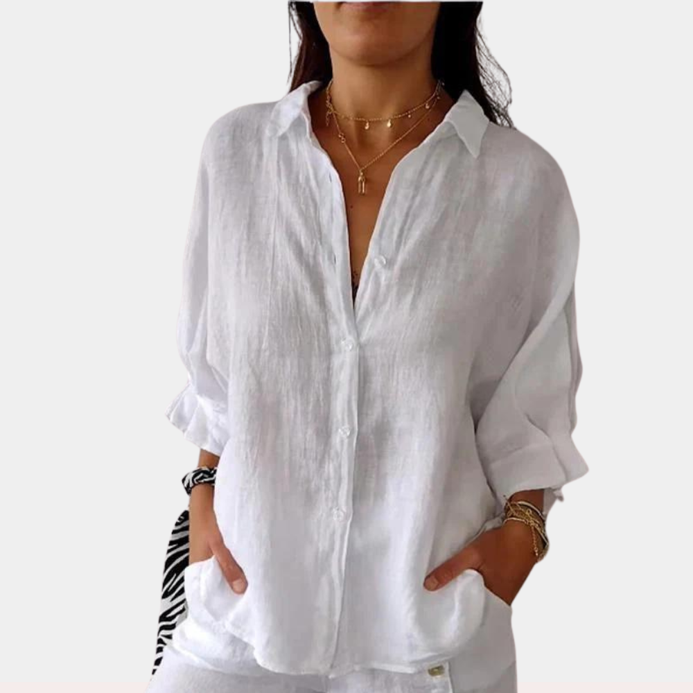 Linned damebluse med lange ærmer og knaplukning – Ysolde