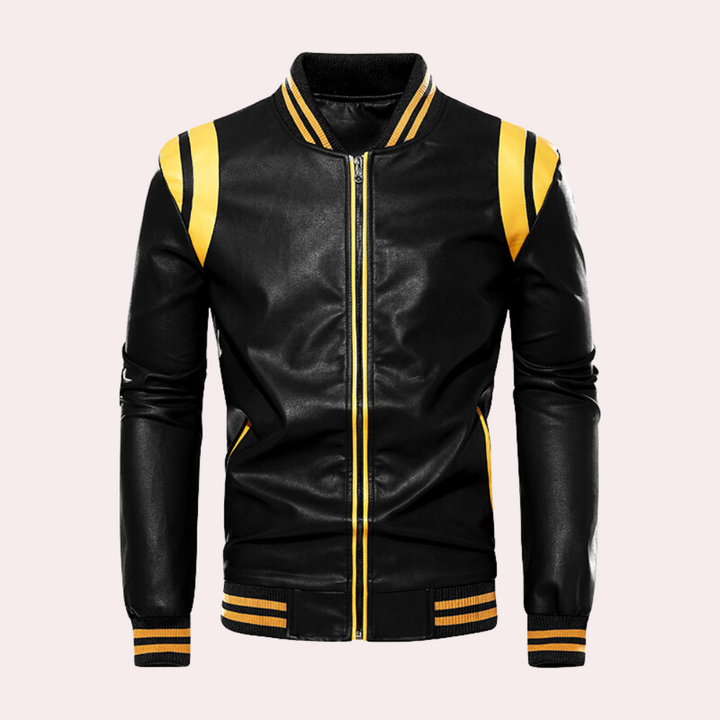 Leder bomberjakke med lynlås og sporty striber – Dorian