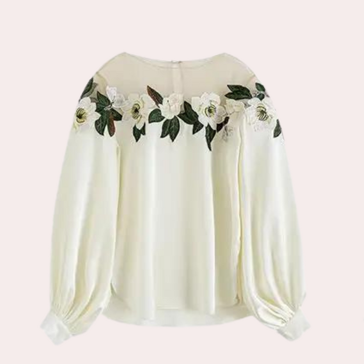 Blomstret beige damebluse med løs pasform – Elvira
