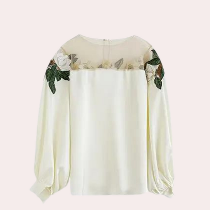 Blomstret beige damebluse med løs pasform – Elvira