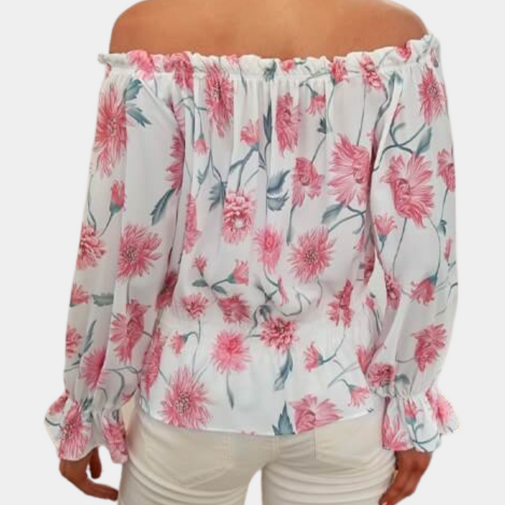 Off-shoulder blomsterbluse med flæser – Fayenne