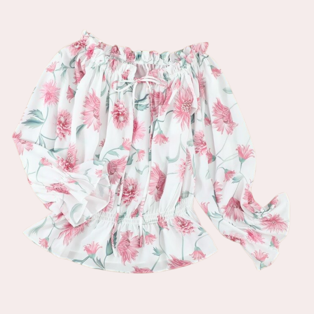 Off-shoulder blomsterbluse med flæser – Fayenne