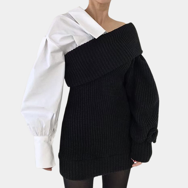 Slidt Off-Shoulder Kjole med kontrasterende Ærmer – Selina
