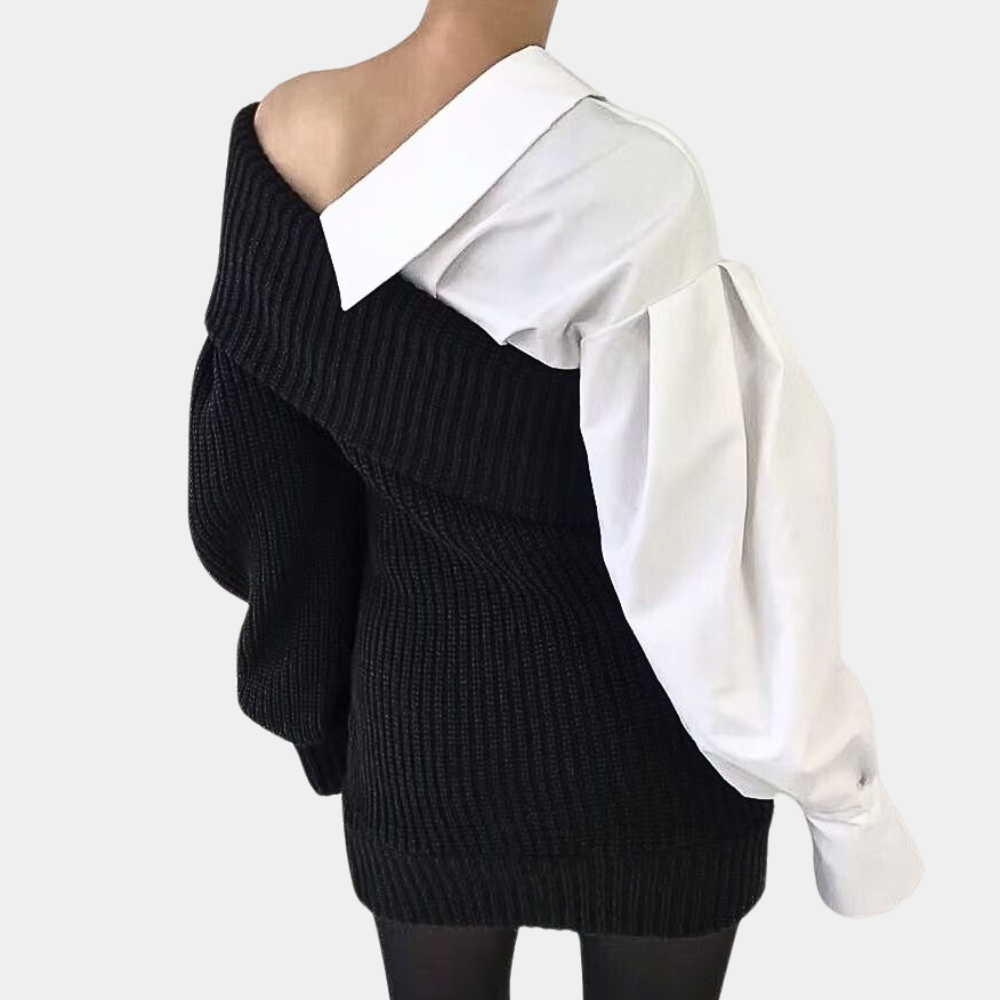 Slidt Off-Shoulder Kjole med kontrasterende Ærmer – Selina