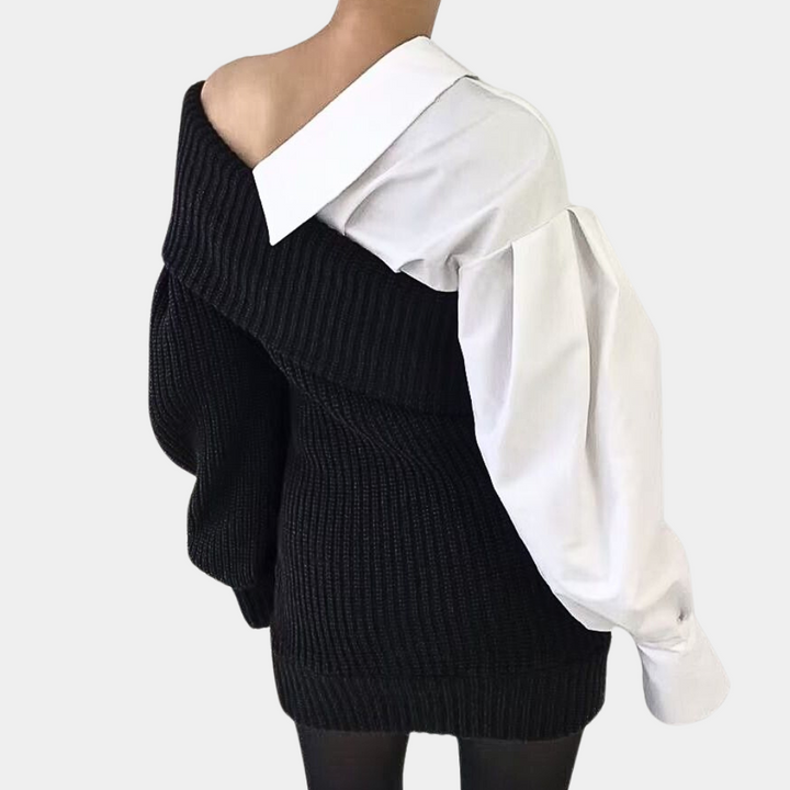 Slidt Off-Shoulder Kjole med kontrasterende Ærmer – Selina