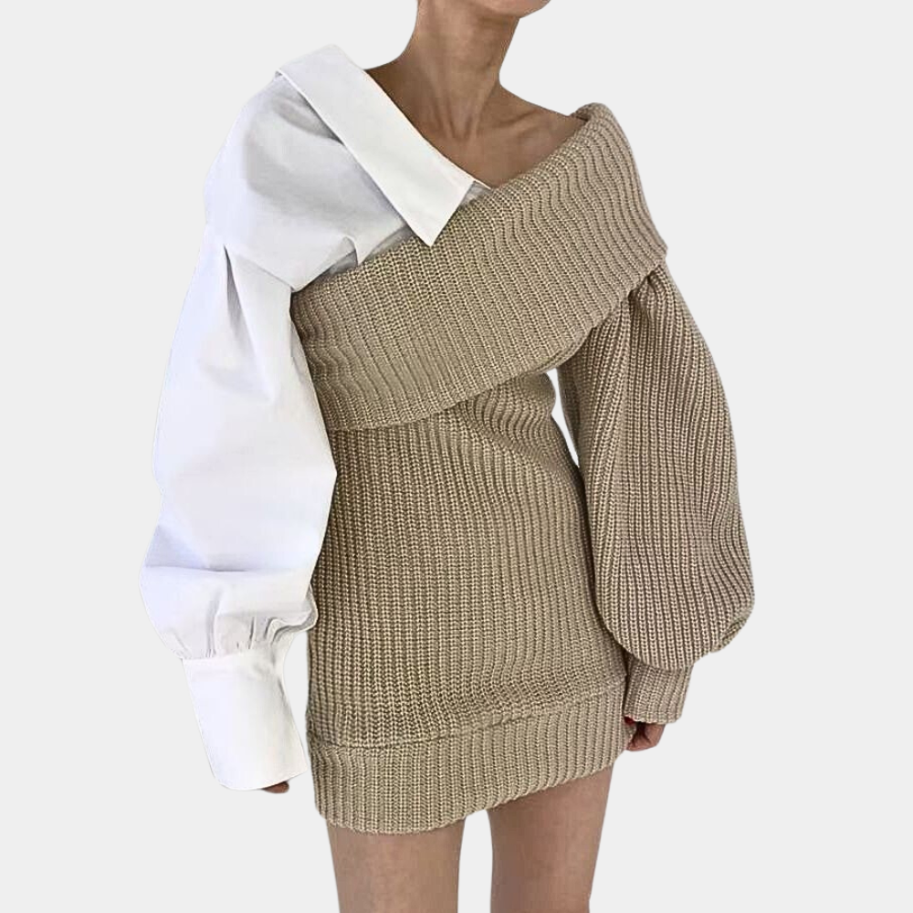 Slidt Off-Shoulder Kjole med kontrasterende Ærmer – Selina
