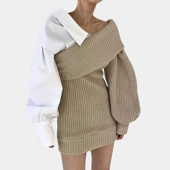 Slidt Off-Shoulder Kjole med kontrasterende Ærmer – Selina