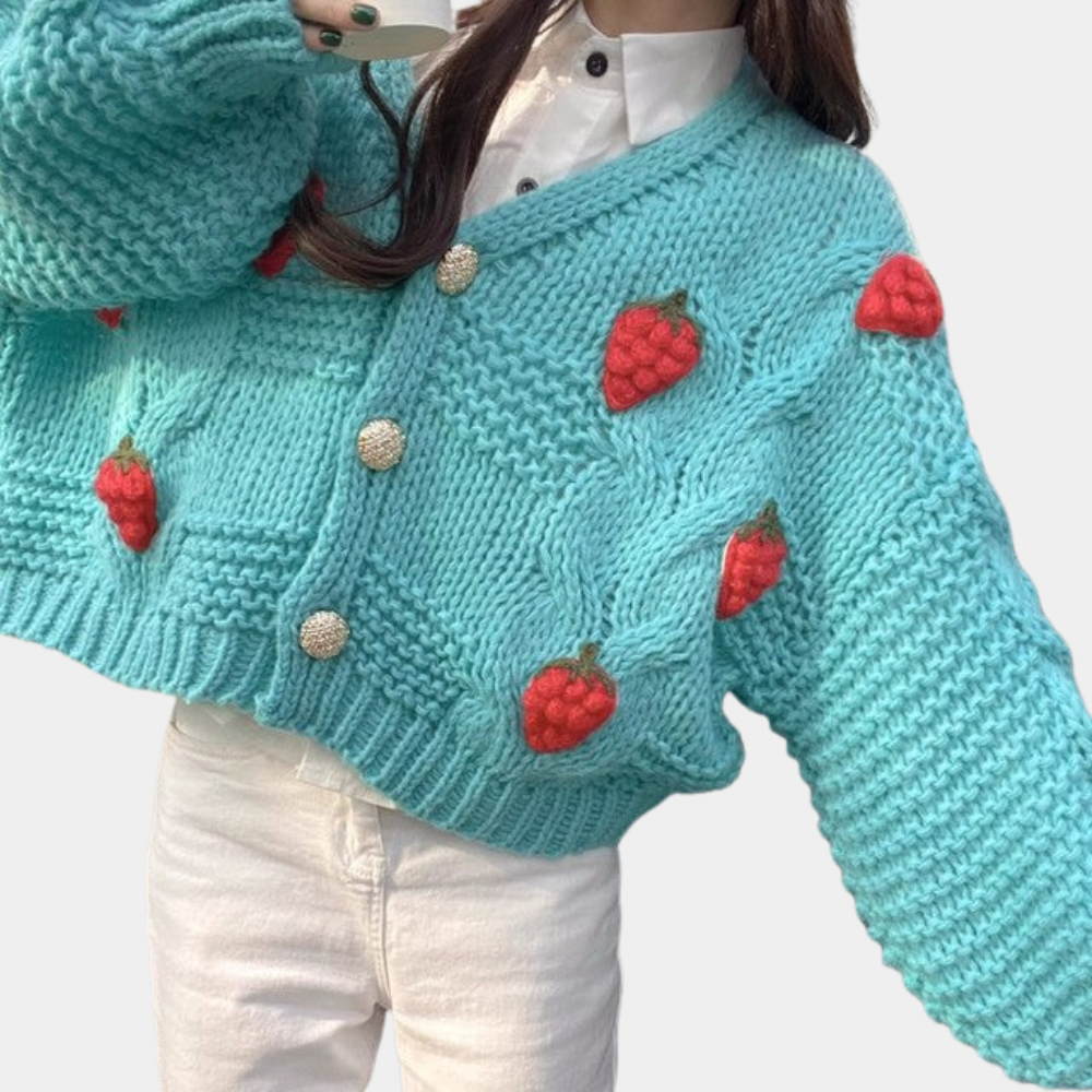 Strikkjacket til damer med jordbær-detaljer – Poppy