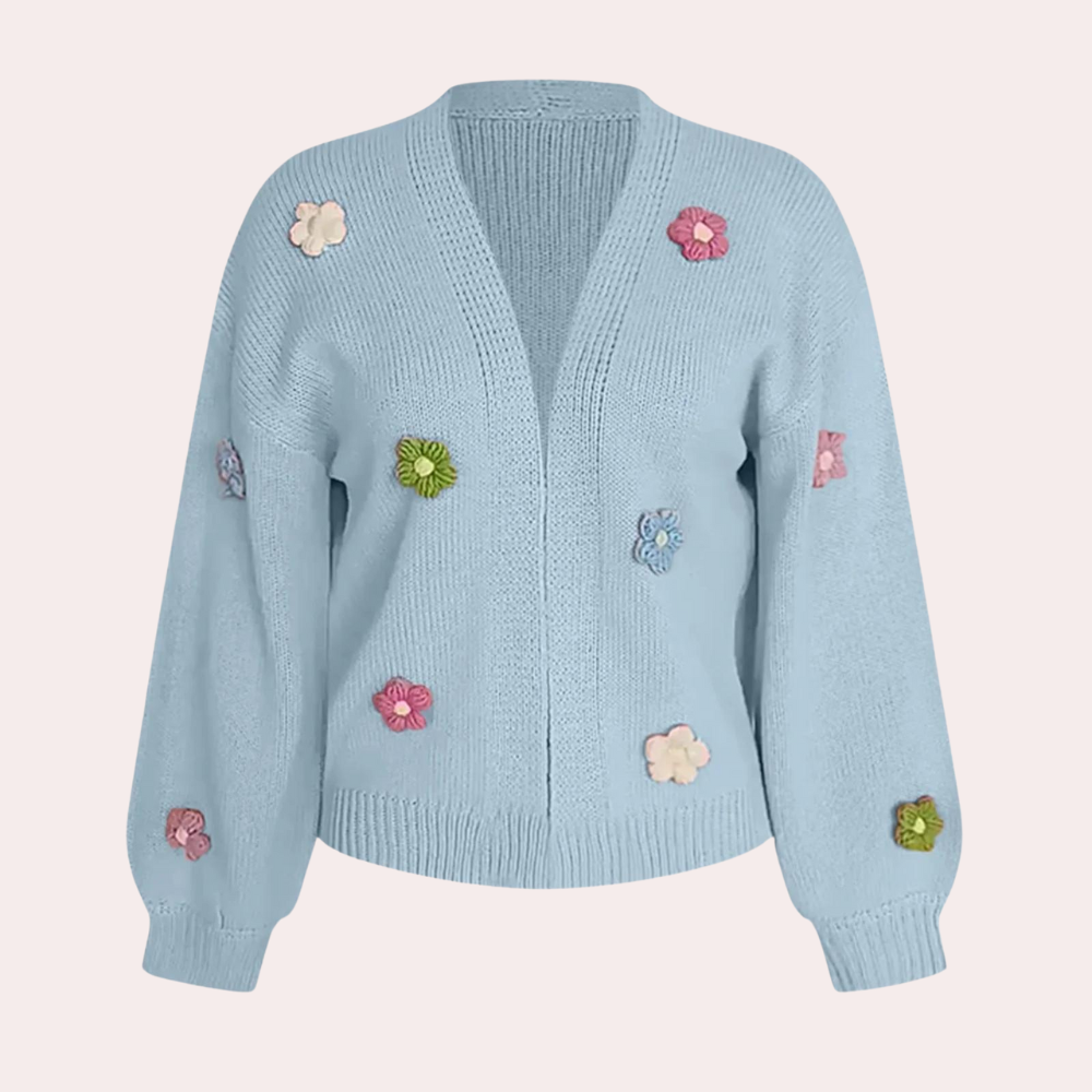 Strikjakke til damer med 3D-blomster – Maribel