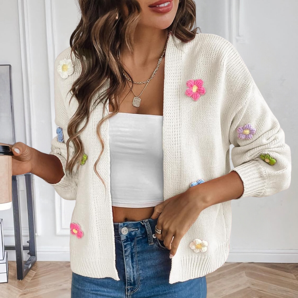 Strikjakke til damer med 3D-blomster – Maribel