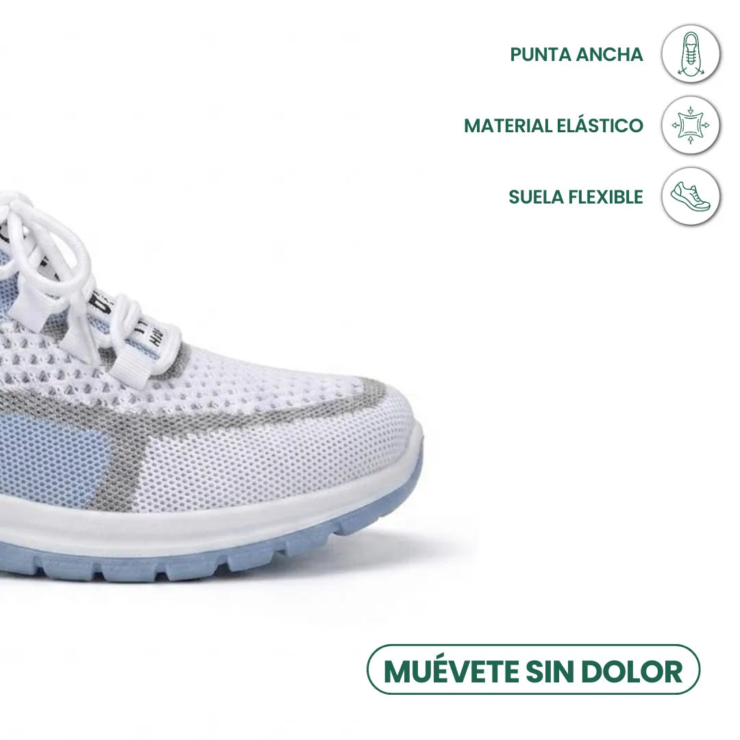 Nærbillede af den brede tå på den hvide og blå sneaker med ikoner for elastisk materiale og fleksibel sål. 5