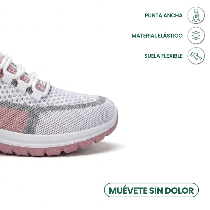 Tæt på snuden af hvid, grå og lyserød sneaker i mesh med bred tåspids, elastisk materiale og fleksibel såle. 23