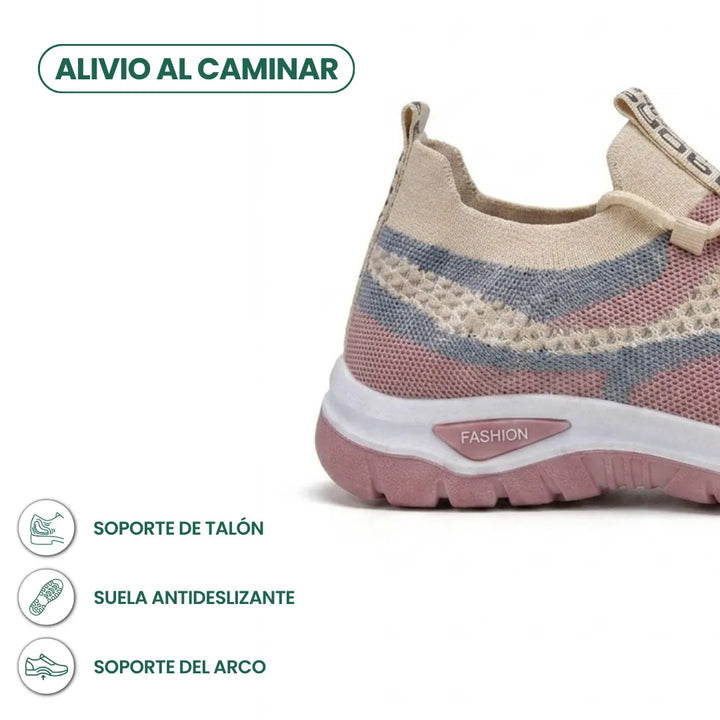 Bagfra og fra siden: beige sneaker med blå og lyserøde felter, hælstøtte, skridsikker lyserød såle og ikoner for buestøtte. 31