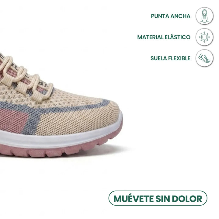 Tæt på snuden af beige sneaker med blå og lyserøde felter, med bred tåspids, elastisk materiale og fleksibel såle. 32