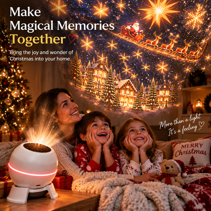 En mor og to børn i julepyjamas kigger smilende op på julemotiver, som den hvide projektor kaster op på væggen. 5