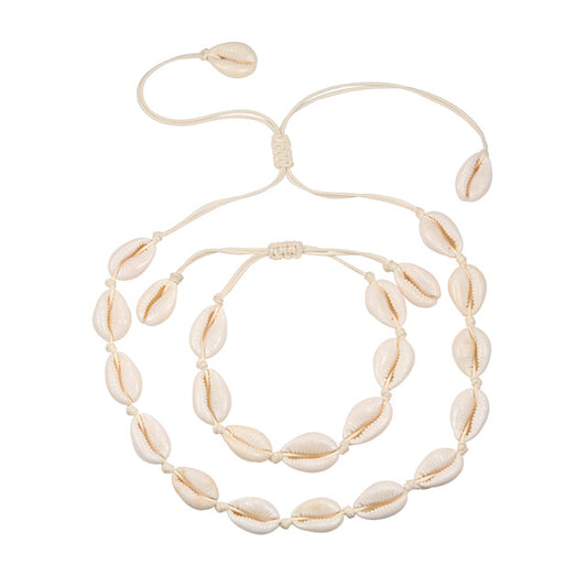 Natürlicher Muschel-Schmuckset, Halskette und Armband, beige, handgefertigt, Strandmode.