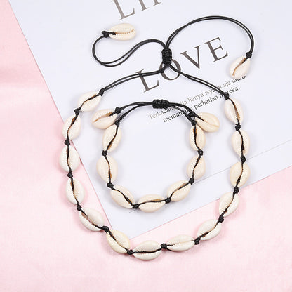 Natürliche Muschel-Halskette und Armband-Set, schwarz-weiß, handgefertigt, Damen-Schmuck.