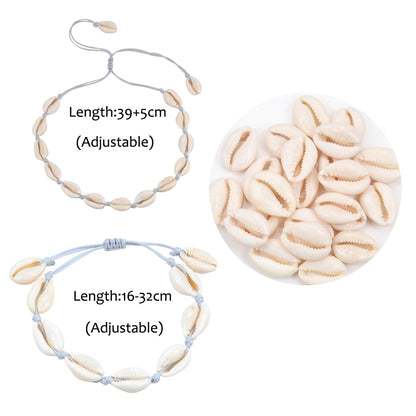 Einstellbares Muschelarmband und Halskette Set, Naturmaterial, Boho-Stil, beige.