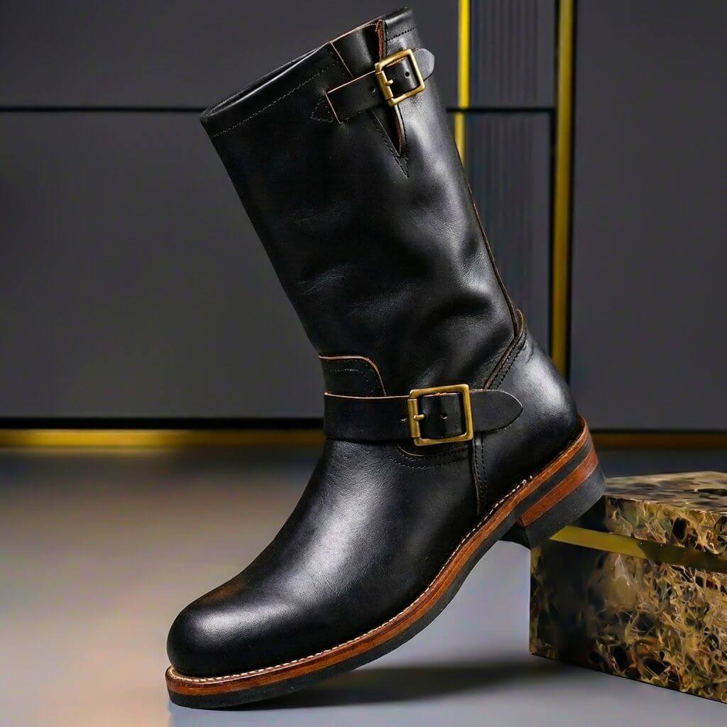 Men's Genuine Leather Engineer Boots - Buckle Mid-Calf Boots for Fall Winter 3