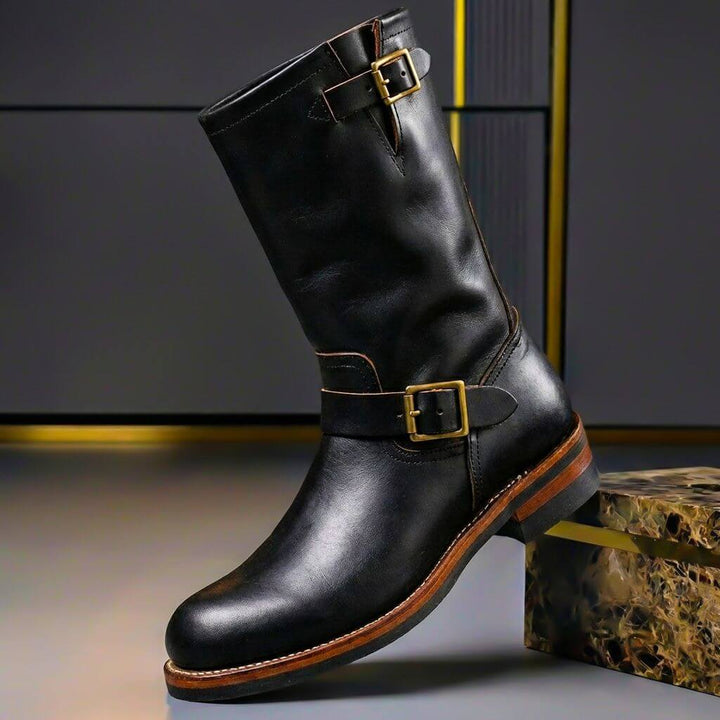Men's Genuine Leather Engineer Boots - Buckle Mid-Calf Boots for Fall Winter 3