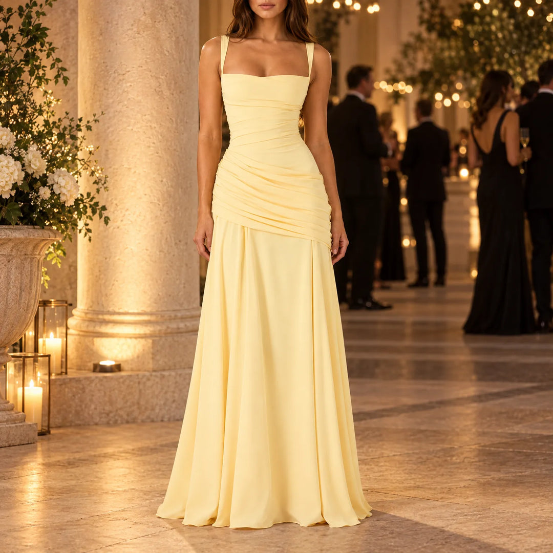 Formal Event Maxi Dress With Gathered Waist & Back Lace-Up