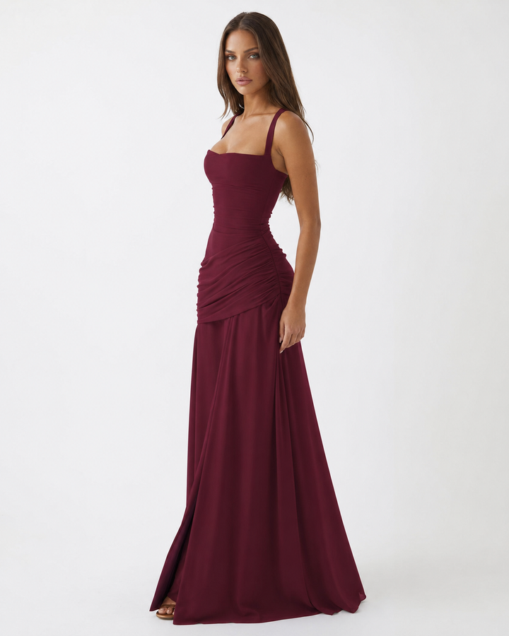 Formal Event Maxi Dress With Gathered Waist & Back Lace-Up