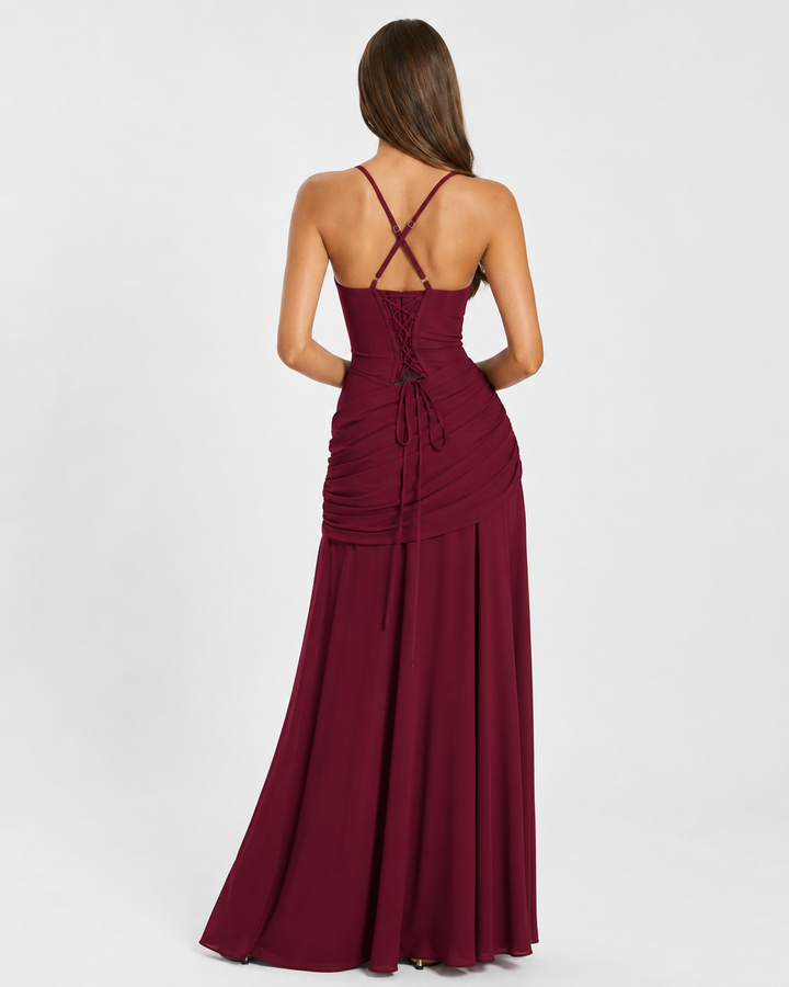 Formal Event Maxi Dress With Gathered Waist & Back Lace-Up