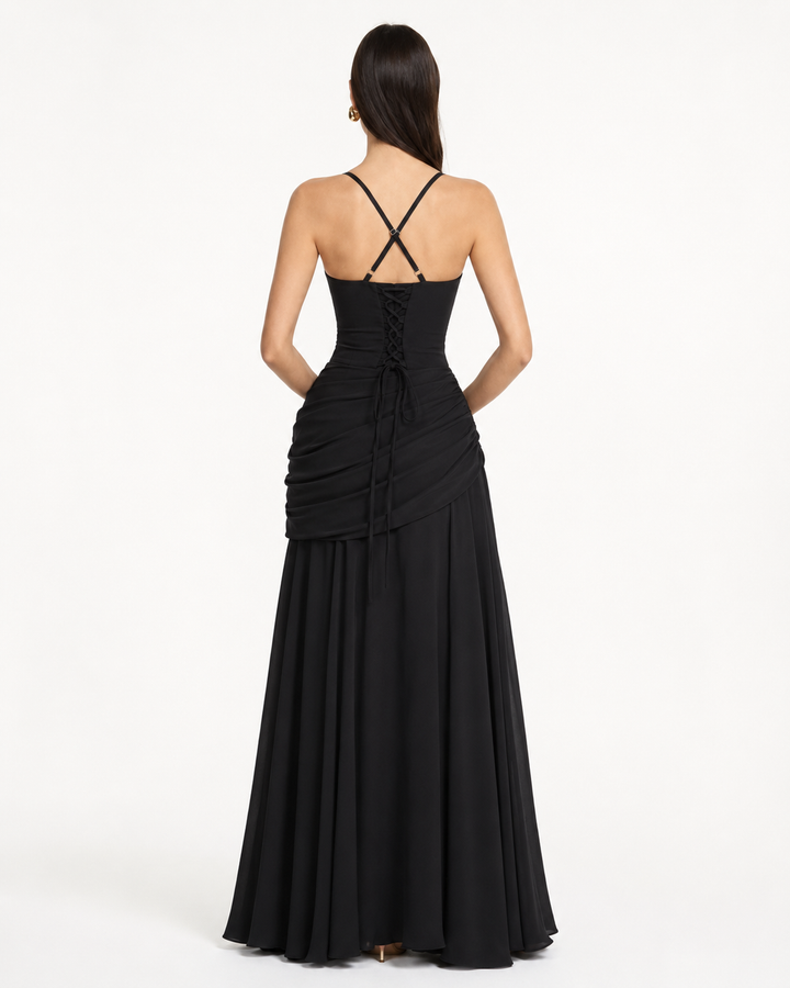 Formal Event Maxi Dress With Gathered Waist & Back Lace-Up
