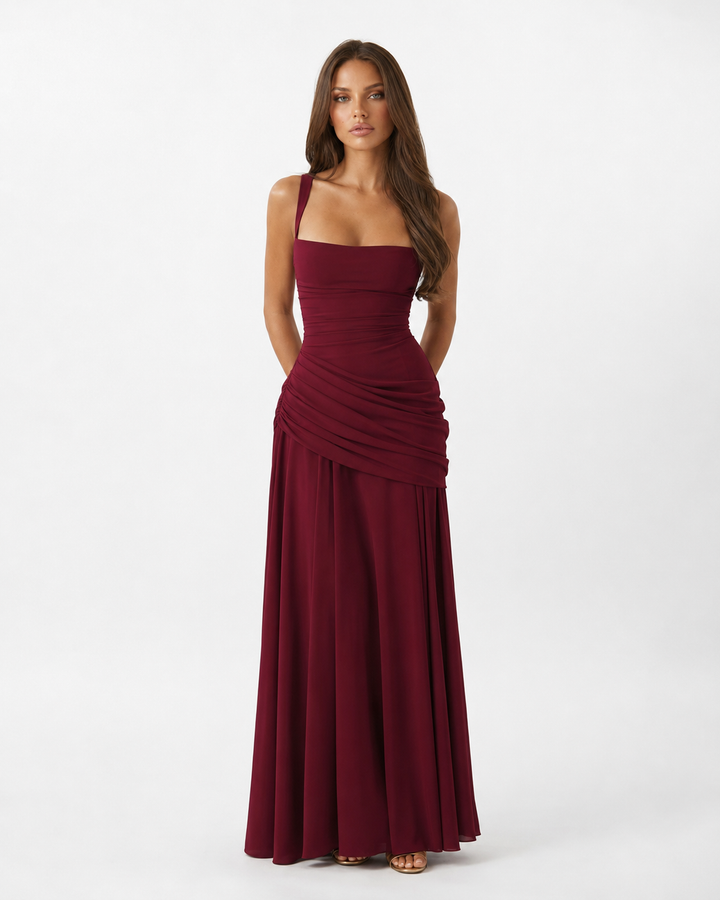 Formal Event Maxi Dress With Gathered Waist & Back Lace-Up