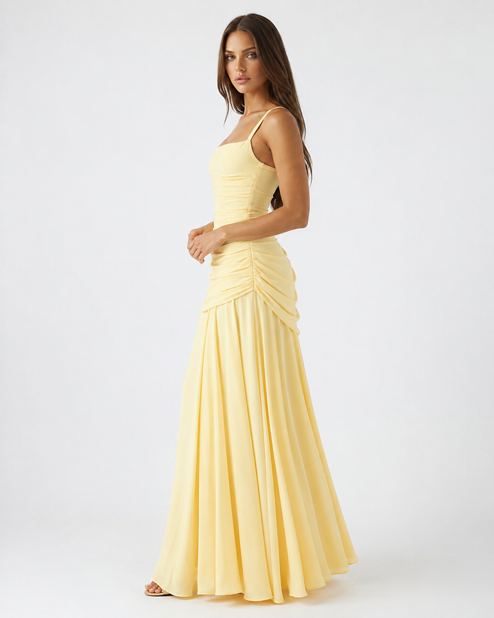 Formal Event Maxi Dress With Gathered Waist & Back Lace-Up