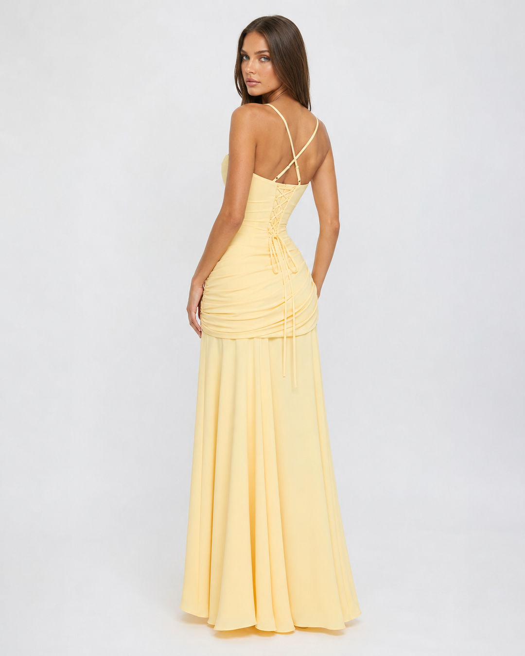 Formal Event Maxi Dress With Gathered Waist & Back Lace-Up