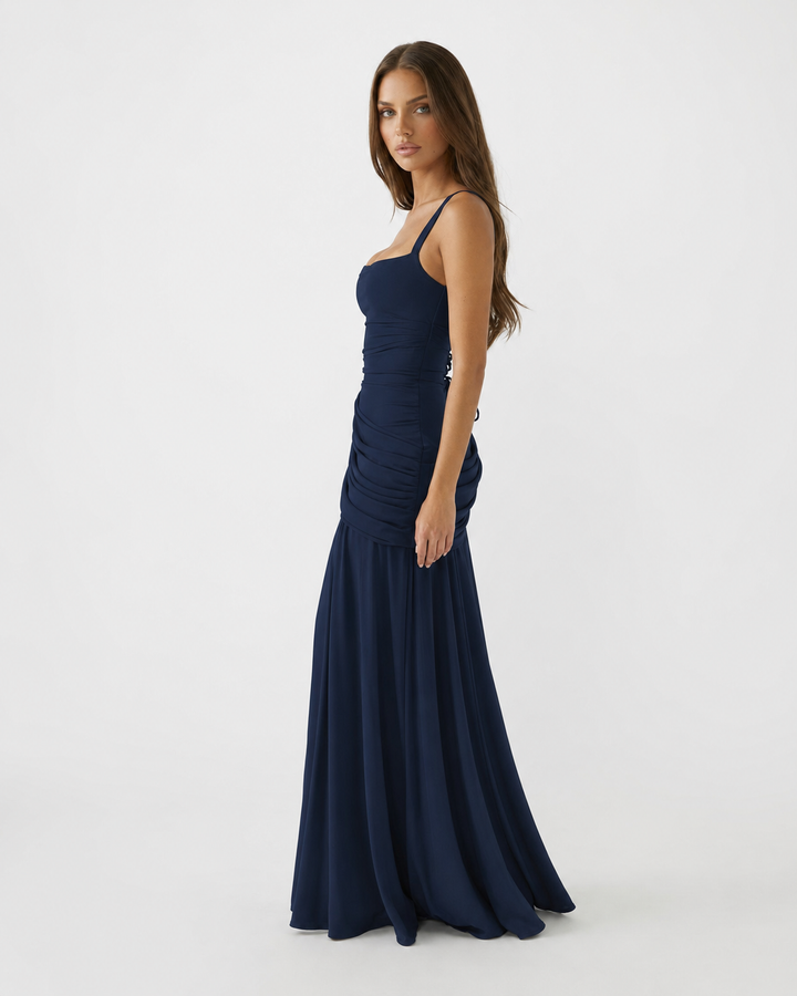 Formal Event Maxi Dress With Gathered Waist & Back Lace-Up