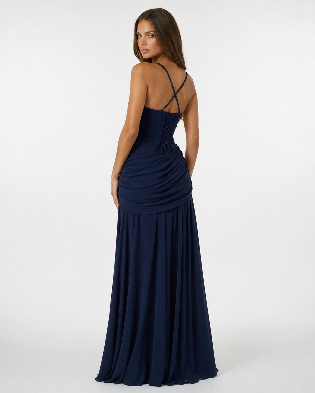 Formal Event Maxi Dress With Gathered Waist & Back Lace-Up