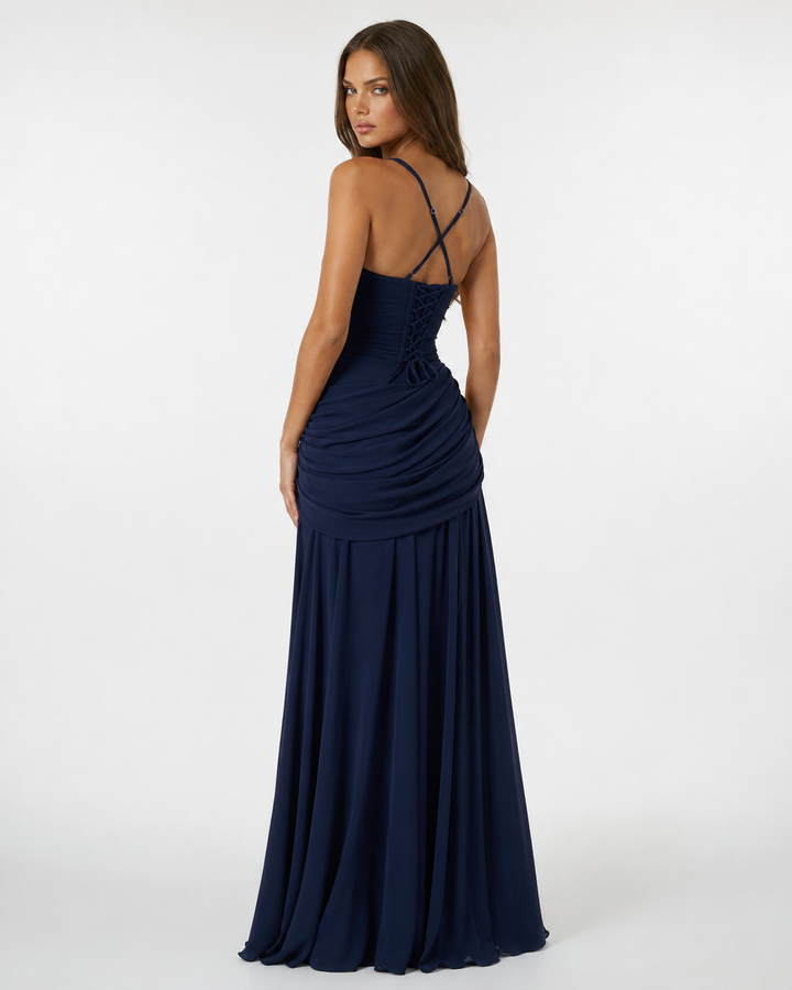 Formal Event Maxi Dress With Gathered Waist & Back Lace-Up