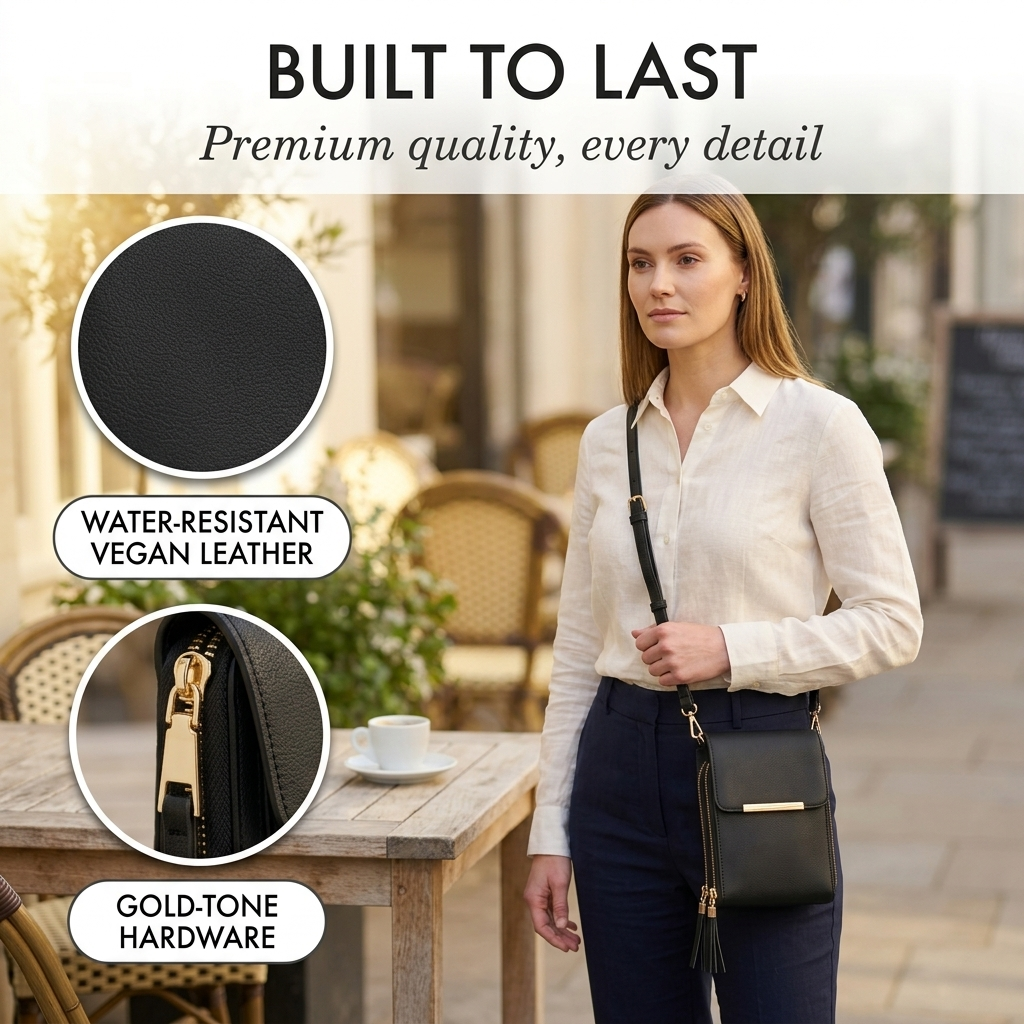 Kvinde i hvid skjorte med sort crossbody-taske, med forstørrede cirkler af det grove kunstlæder og den guldfarvede lynlås. 10