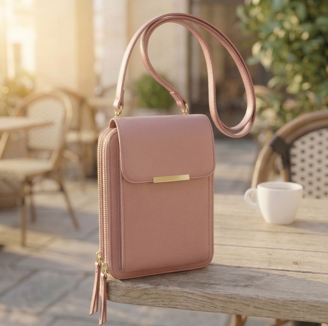 Crossbody-taske i støvet rosa med guldfarvet spænde og kvaster på lynlåsene, placeret på kanten af et træbord udendørs. 2