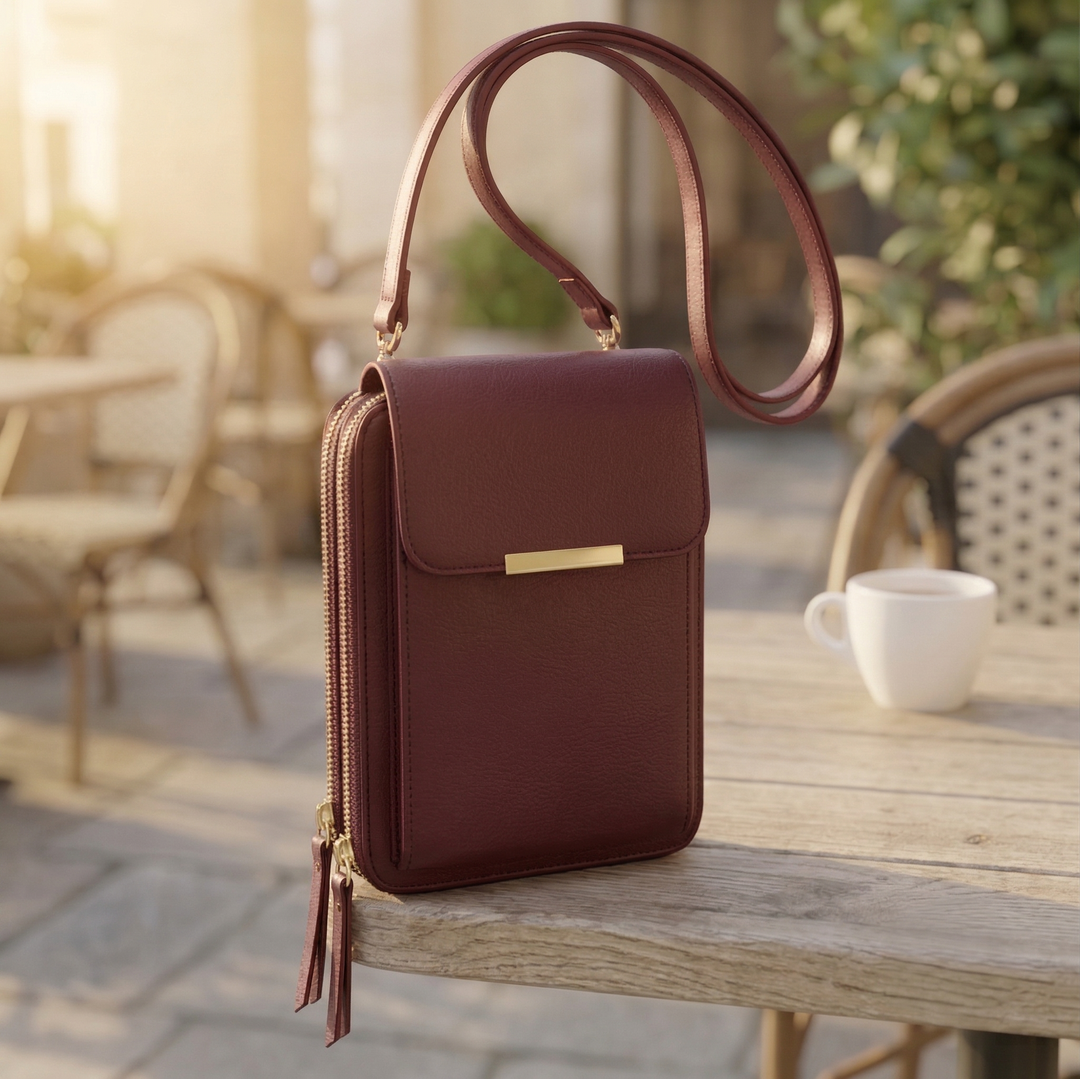 Crossbody-taske i dyb bordeaux med guldfarvede detaljer og lang rem, stående på kanten af et udendørs træbord. 6