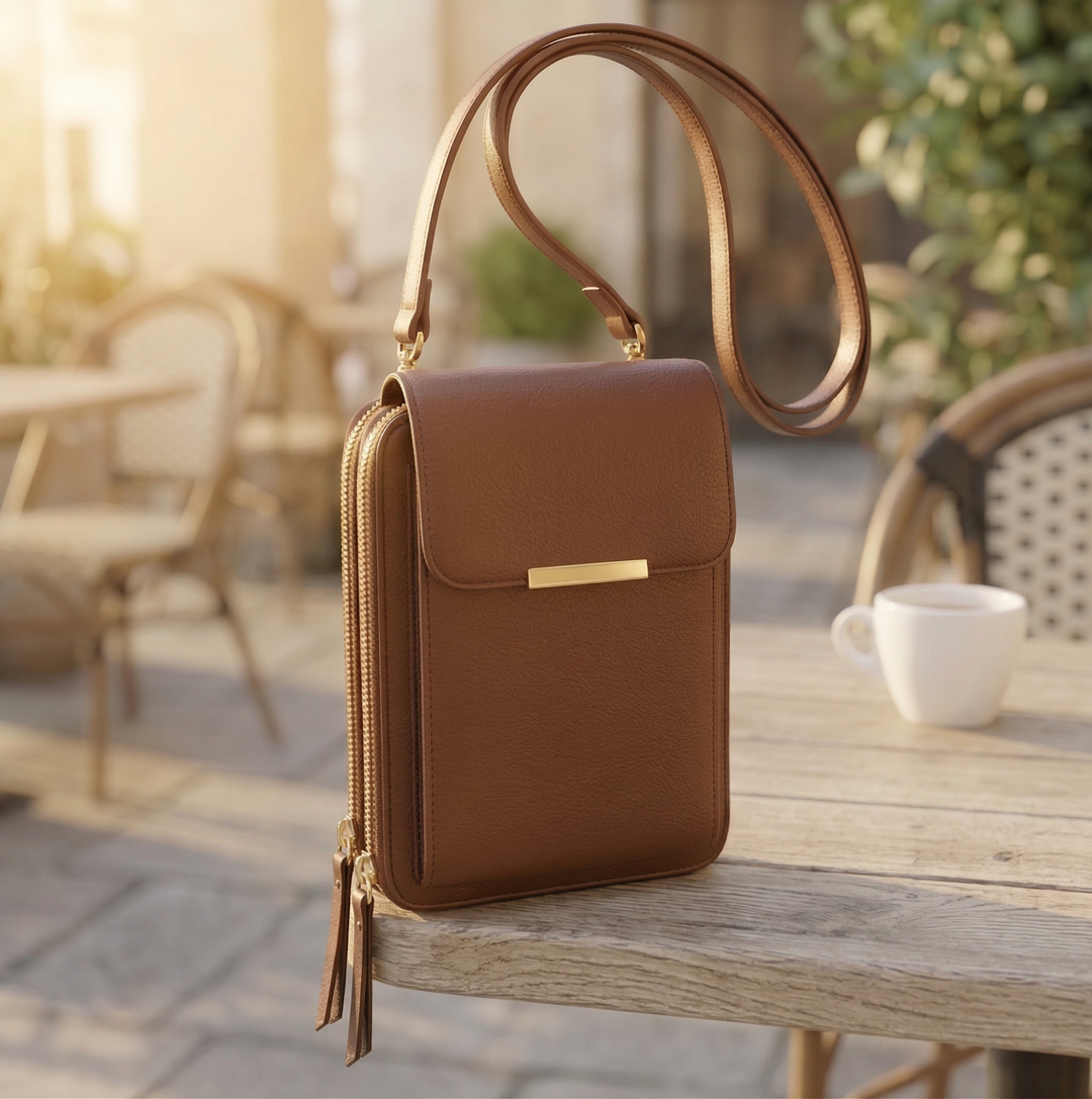 Crossbody-taske i karamelbrun med klap, guldfarvet spænde og to lynlåse med lædertrisser, stillet på et rustikt træbord. 4