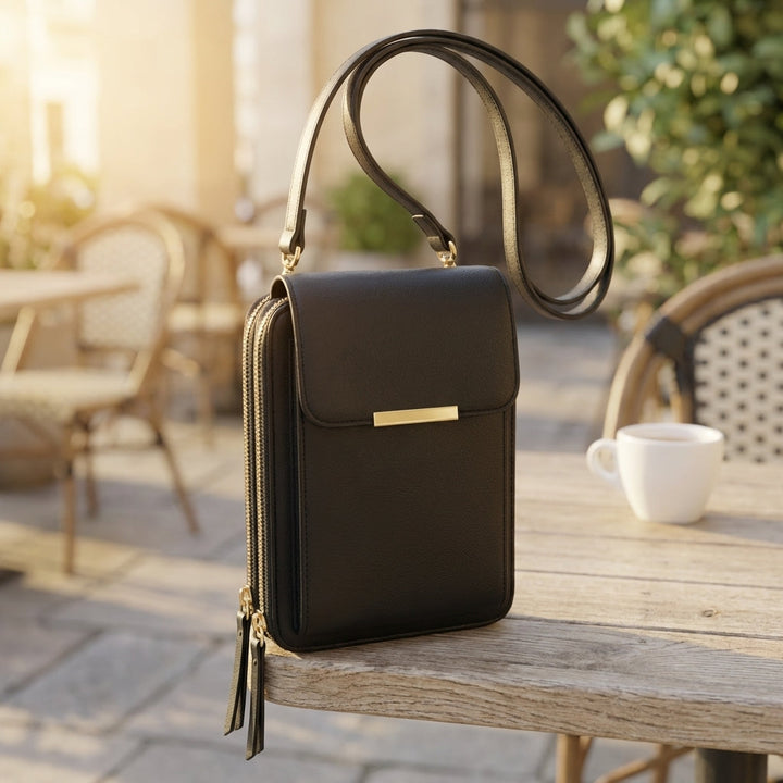 Sort crossbody-taske med klap, guldfarvet spænde og dobbelte lynlåse, stående på et træbord på en café-terrasse ved siden af en kop. 1