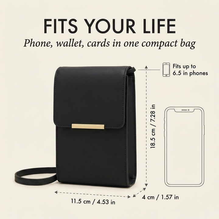 Sort crossbody-taske set fra siden med påførte mål for højde, bredde og dybde samt omrids af en telefon, der passer ned i tasken. 9