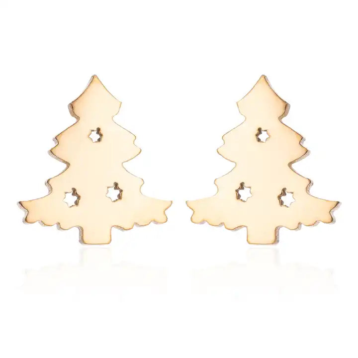Goldene Tannenbaum-Ohrringe, Weihnachtsdesign, Edelstahl, festlicher Schmuck, Damenaccessoire.