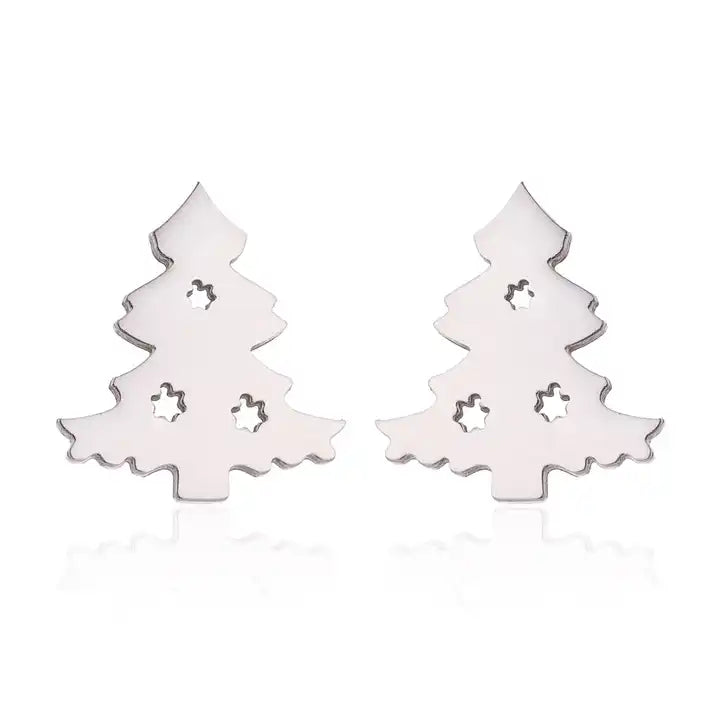 Silberne Tannenbaum-Ohrringe, weihnachtlicher Schmuck, Edelstahl, festliche Accessoires.