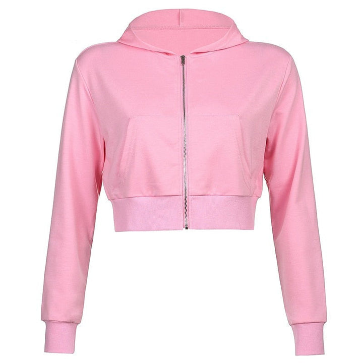 Efterårsinspireret, trendy, figursiddende cropped dame-hoodie med lynlås og hætte – Alina